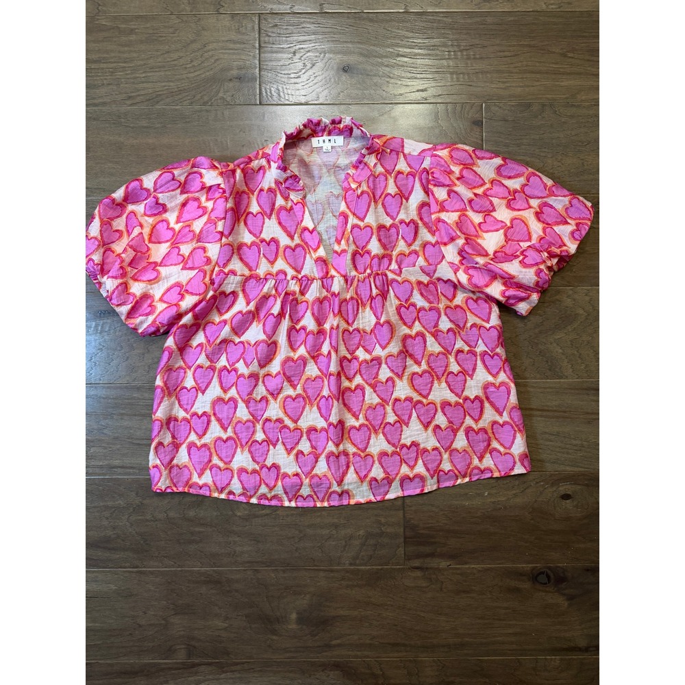 THML Pink Heart Print Puff Sleeve Babydoll Top V-Neck Ruffle Blouse Large